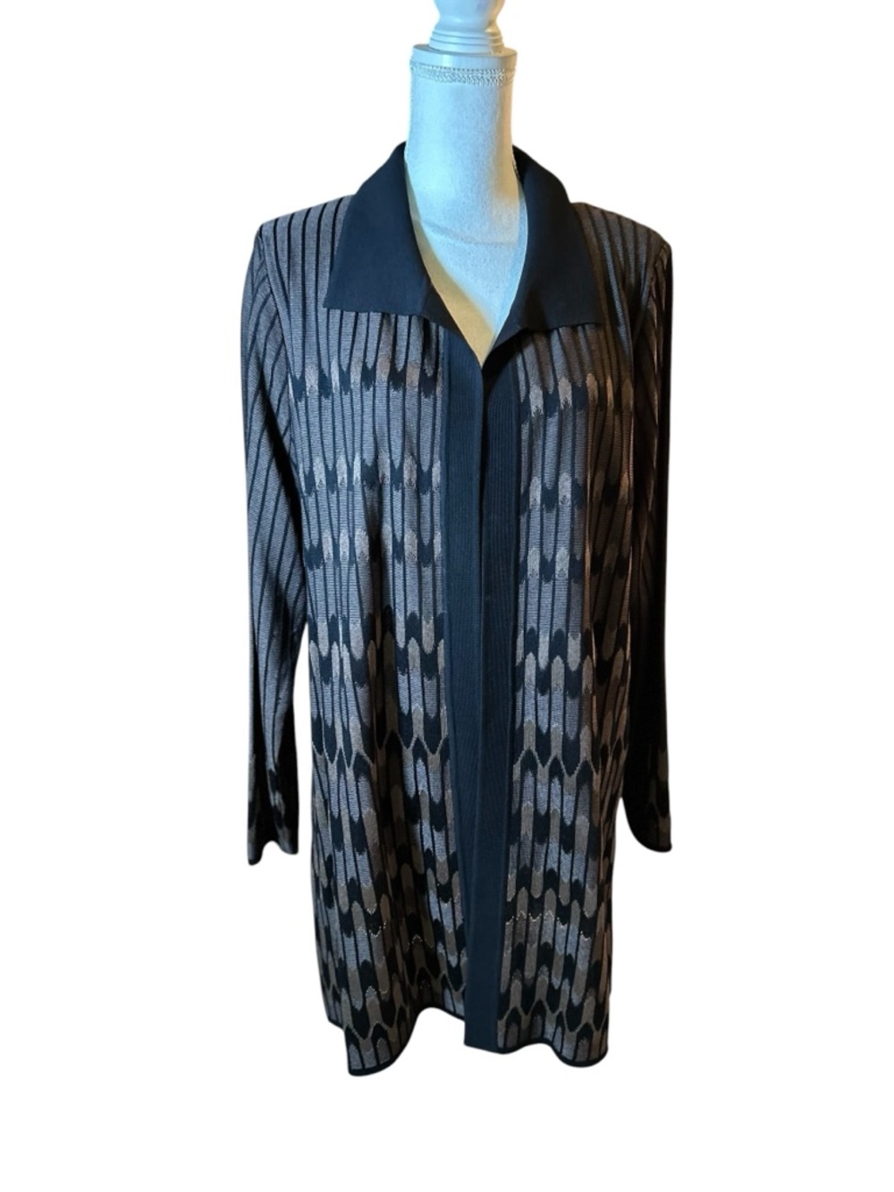 Vintage Exclusive Misook Black and Brown Open-Front Duster Cardigan